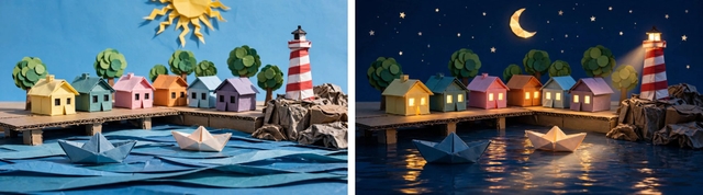 Noon to midnight in one take: a paper-craft village sunset that lands right on its night shot for 42 cents