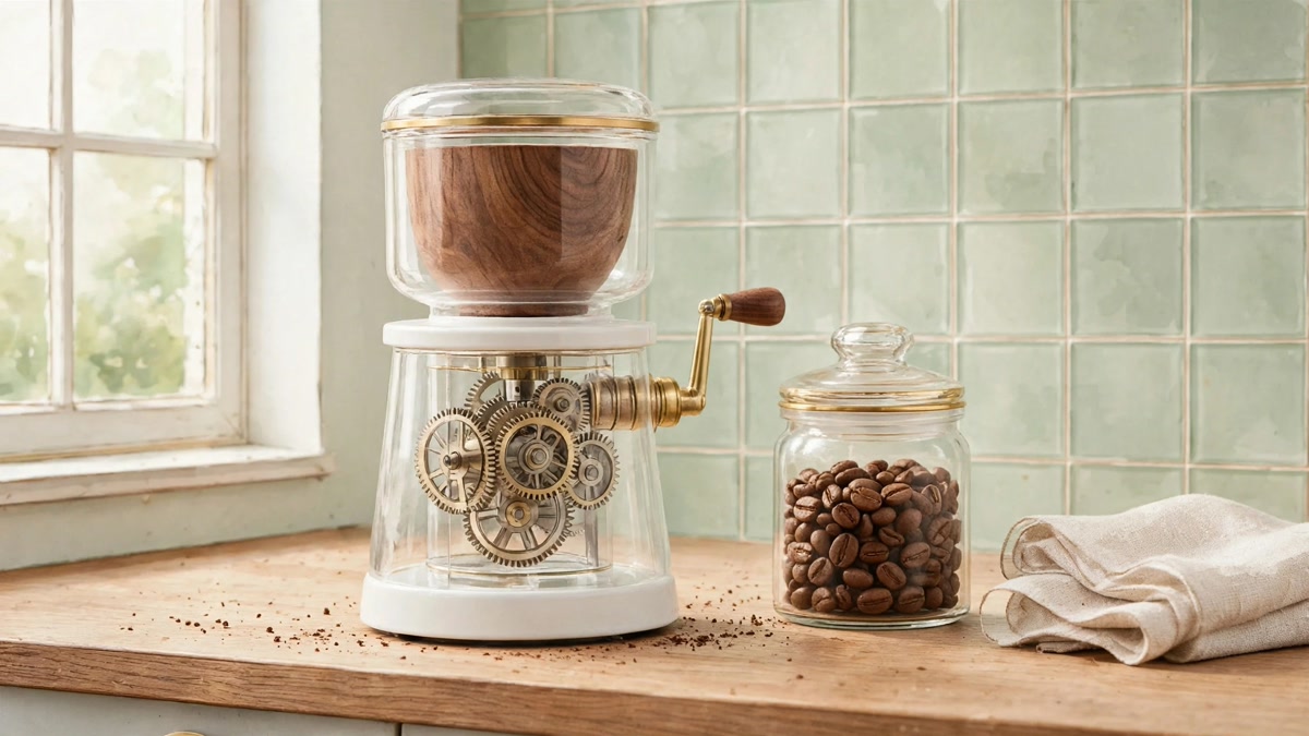 Glass, watercolor, photo: one coffee grinder shot in three looks for 3.3 cents (gears included, sorry)